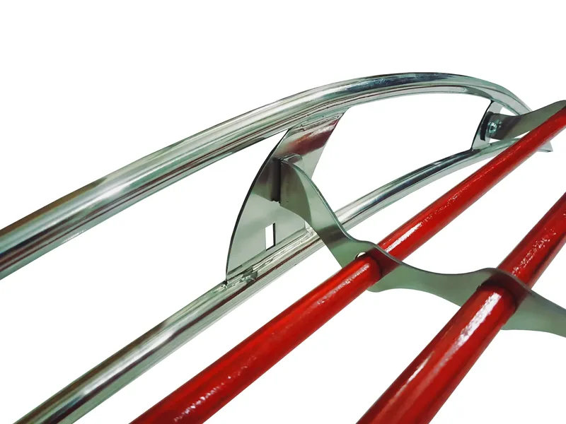 Chrome arch support and cross-brace surrounding red roof-rack slats