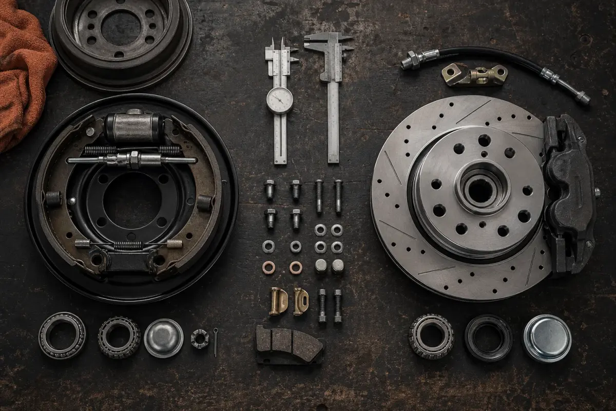 Classic Volkswagen Beetle drum and disc brake assemblies compared on a workshop bench