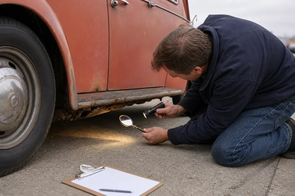 Buyer checking a classic Volkswagen Beetle heater channel for rust