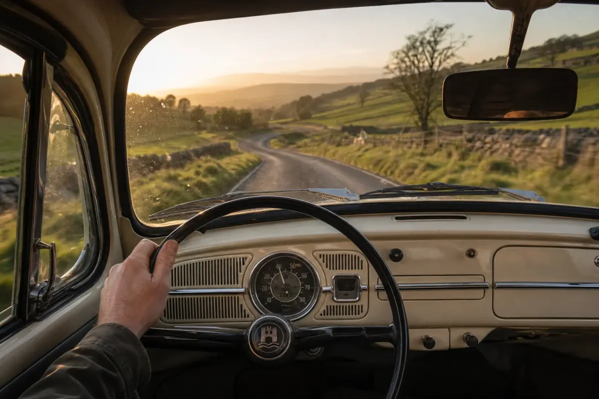 Driver view from a classic Volkswagen Beetle on a winding country road