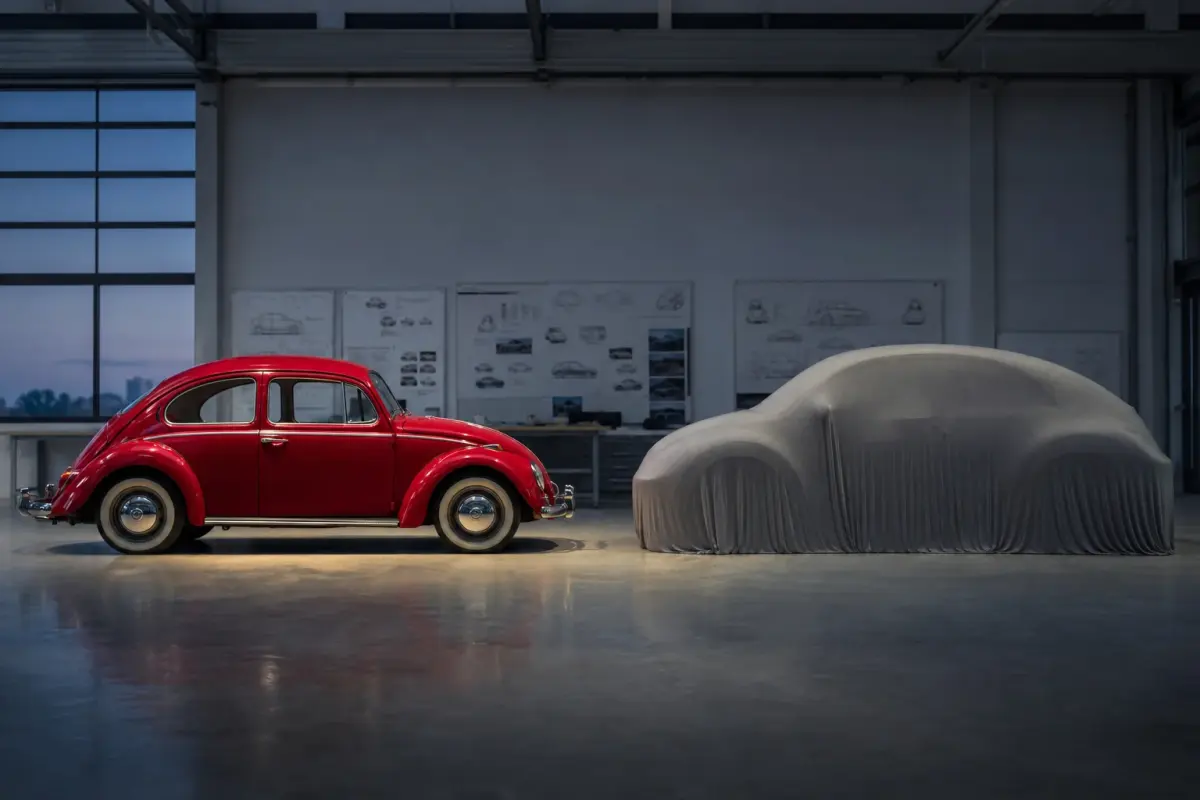 Classic red Volkswagen Beetle beside a covered future vehicle study in a design studio