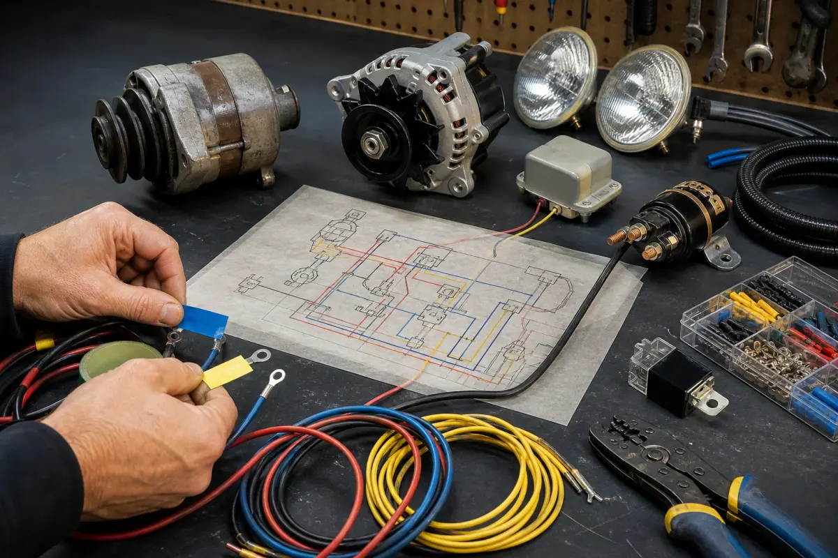Volkswagen Beetle 6V and 12V electrical parts arranged for a conversion