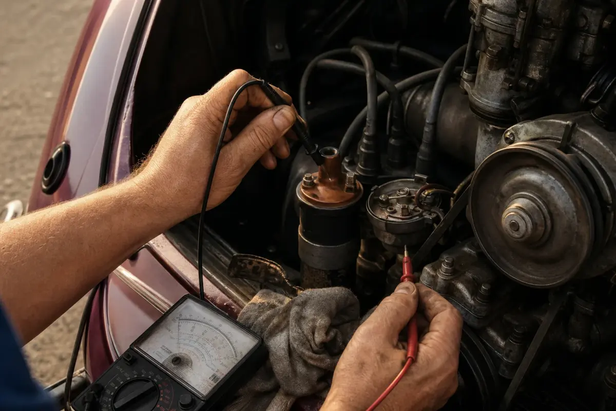 Mechanic testing a classic Volkswagen Beetle ignition coil and distributor with a multimeter