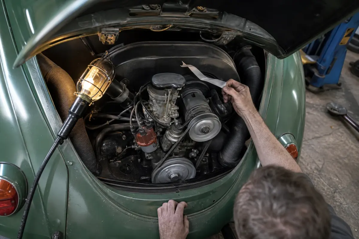 Mechanic checking airflow across a classic Volkswagen Beetle cooling system