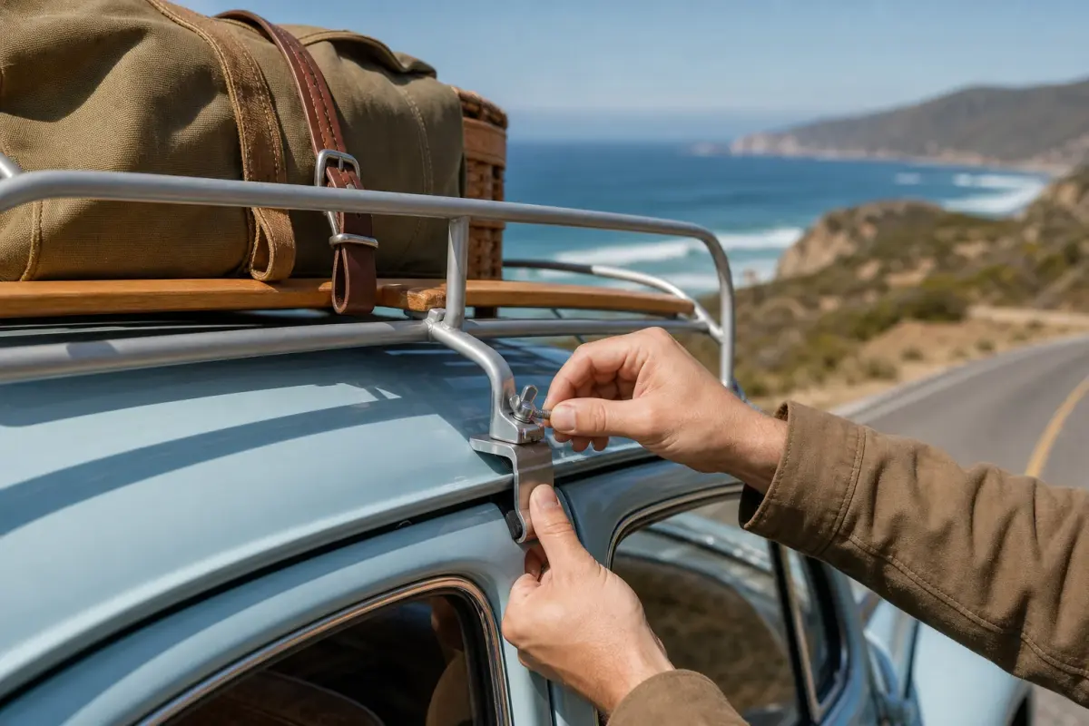 Hands tightening a period roof rack clamp on a blue classic Volkswagen Beetle