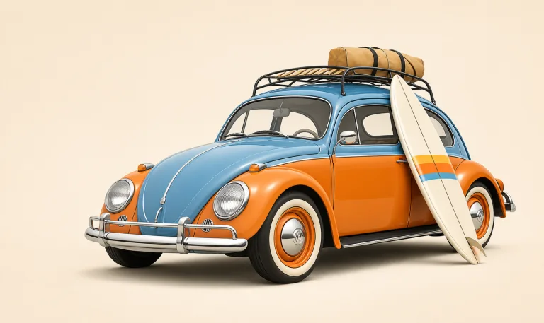 Vintage Volkswagen Beetle with roof rack and surfboard