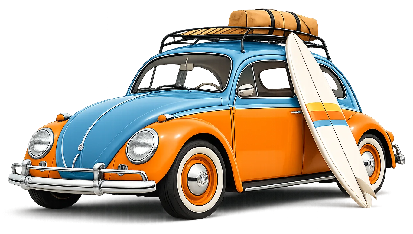 Classic Volkswagen Beetle fitted with a roof rack beside the coast