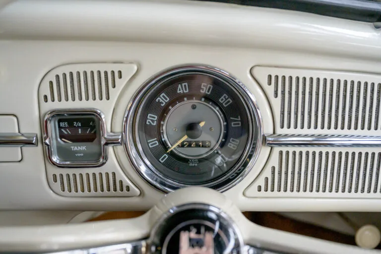 Interior of a white classic Volkswagen Beetle